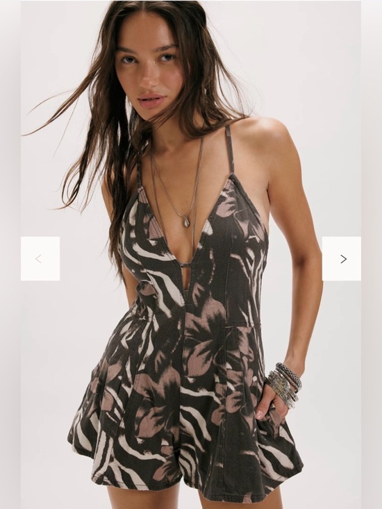 Free People Pants - Free People Nostalgia Ultra Printed Shortalls Medium Safari Brown Combo NWT